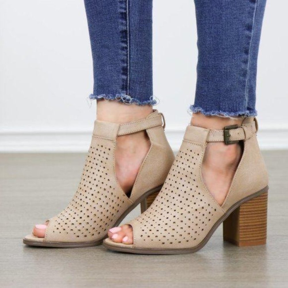 Perforated Taupe Peep-Toe Block Heel Booties - Picture 3 of 8